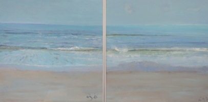 2018, Vroege morgen aan zee, tweeluik, acryl op paneel 2x 60x60