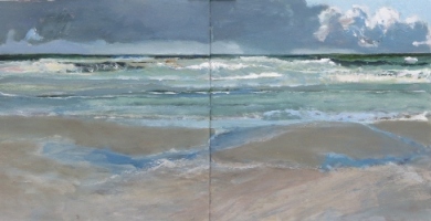 Strand, afgaand tij 2, tweeluik, acryl op paneel 2x 60x60