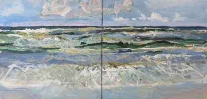 Zeekant, tweeluik, acryl op paneel 2x60x60